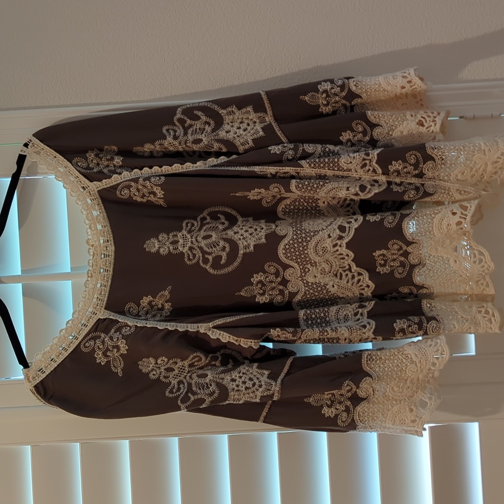 Democracy Brown Blouse with Cream Lace Embroidery